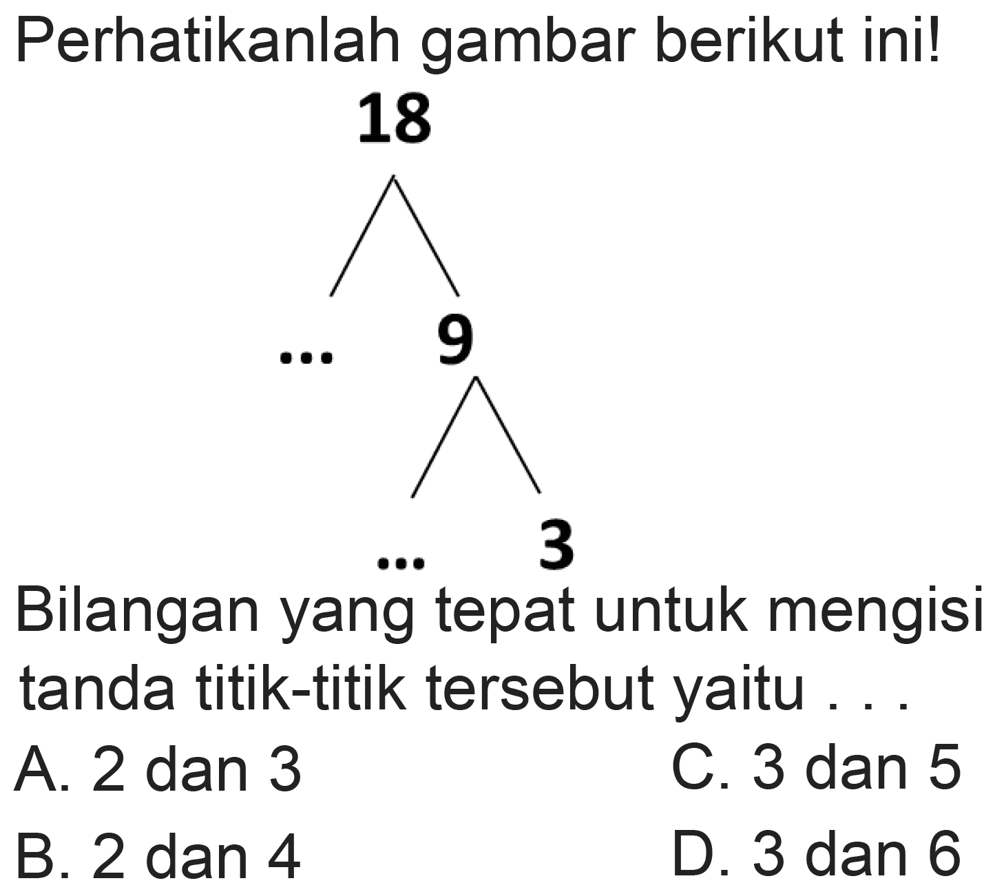 Perhatikanlah gambar berikut ini!
18
Bilangan yang tepat untuk mengisi tanda titik-titik tersebut yaitu ...
A. 2 dan 3
C. 3 dan 5
B. 2 dan 4
D. 3 dan 6