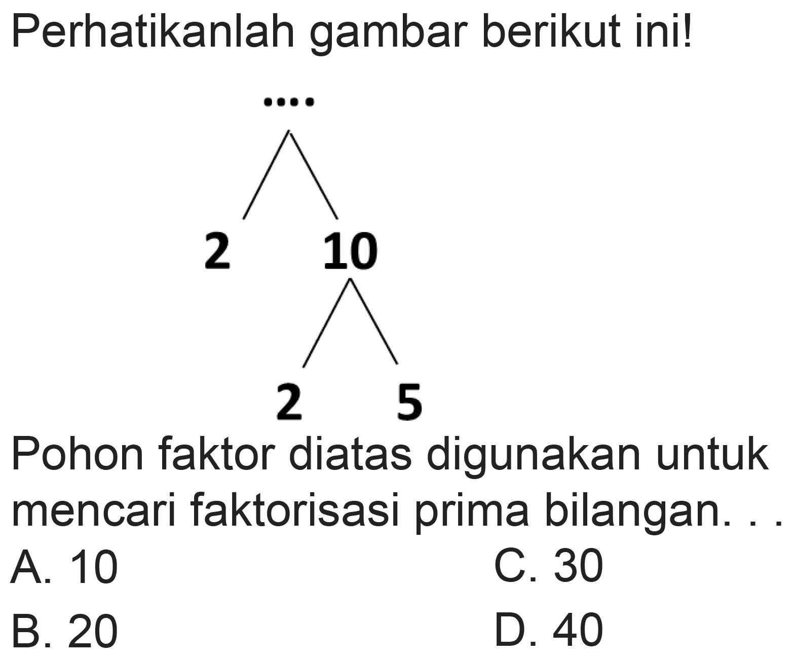 Perhatikanlah gambar berikut ini!
Pohon faktor diatas digunakan untuk mencari faktorisasi prima bilangan.
A. 10
C. 30
B. 20
D. 40