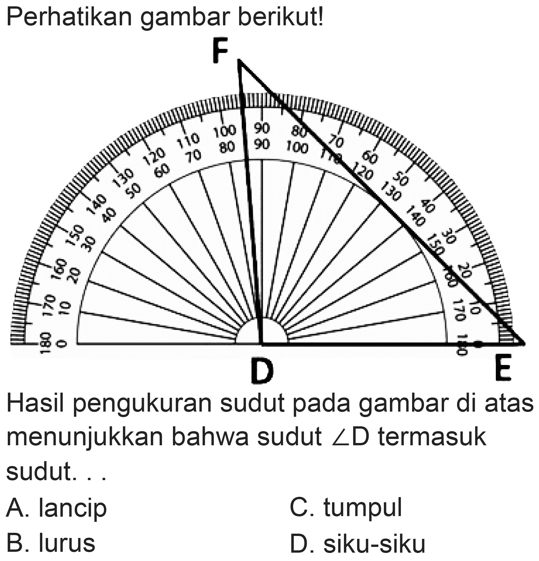 Perhatikan gambar berikut!
Hasil pengukuran sudut pada gambar di atas menunjukkan bahwa sudut  sudut D  termasuk sudut. .
A. lancip
C. tumpul
B. lurus
D. siku-siku