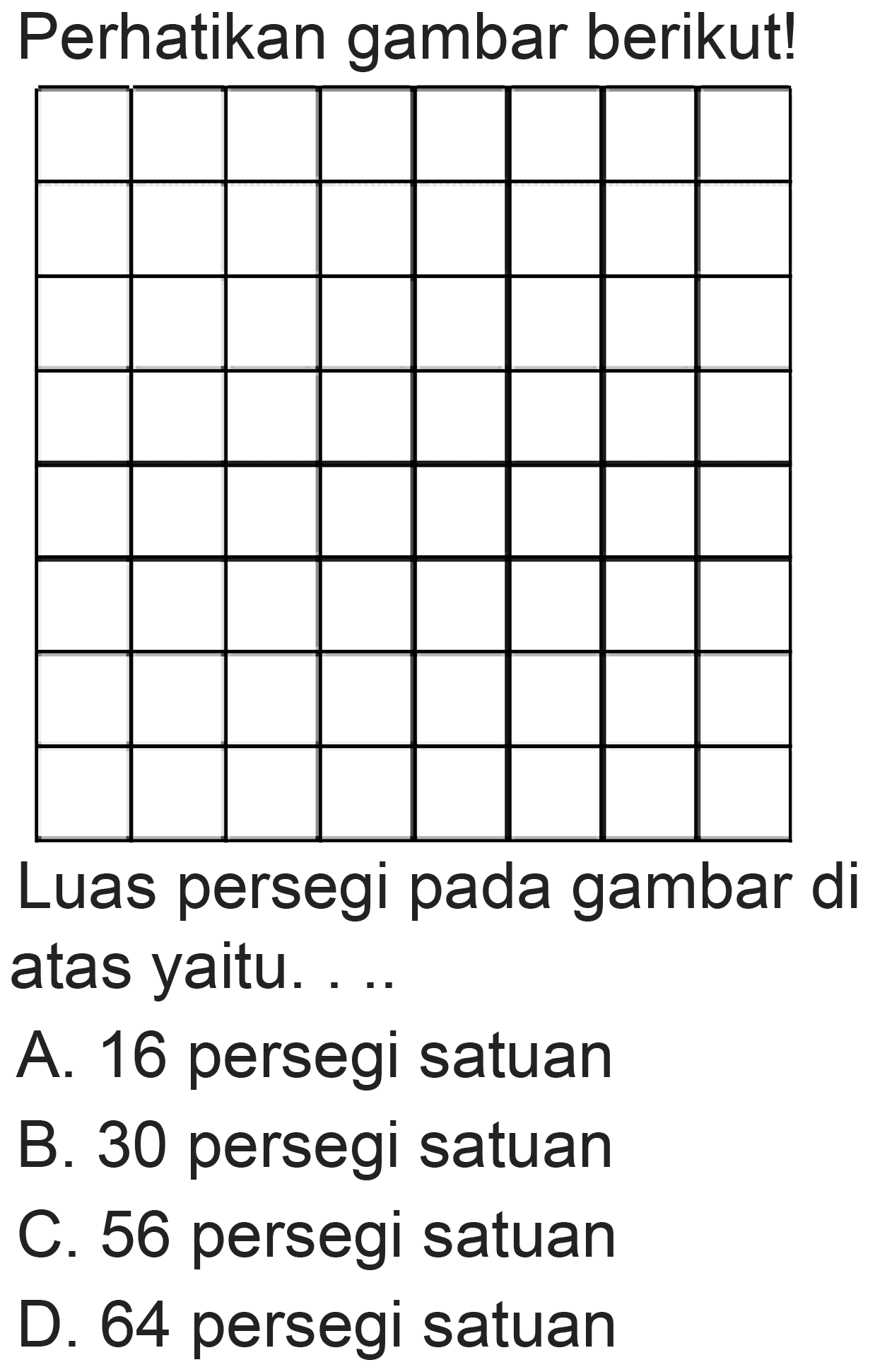 Perhatikan gambar berikut!

        
        
        
        
        
        
        
        


Luas persegi pada gambar di atas yaitu.
A. 16 persegi satuan
B. 30 persegi satuan
C. 56 persegi satuan
D. 64 persegi satuan