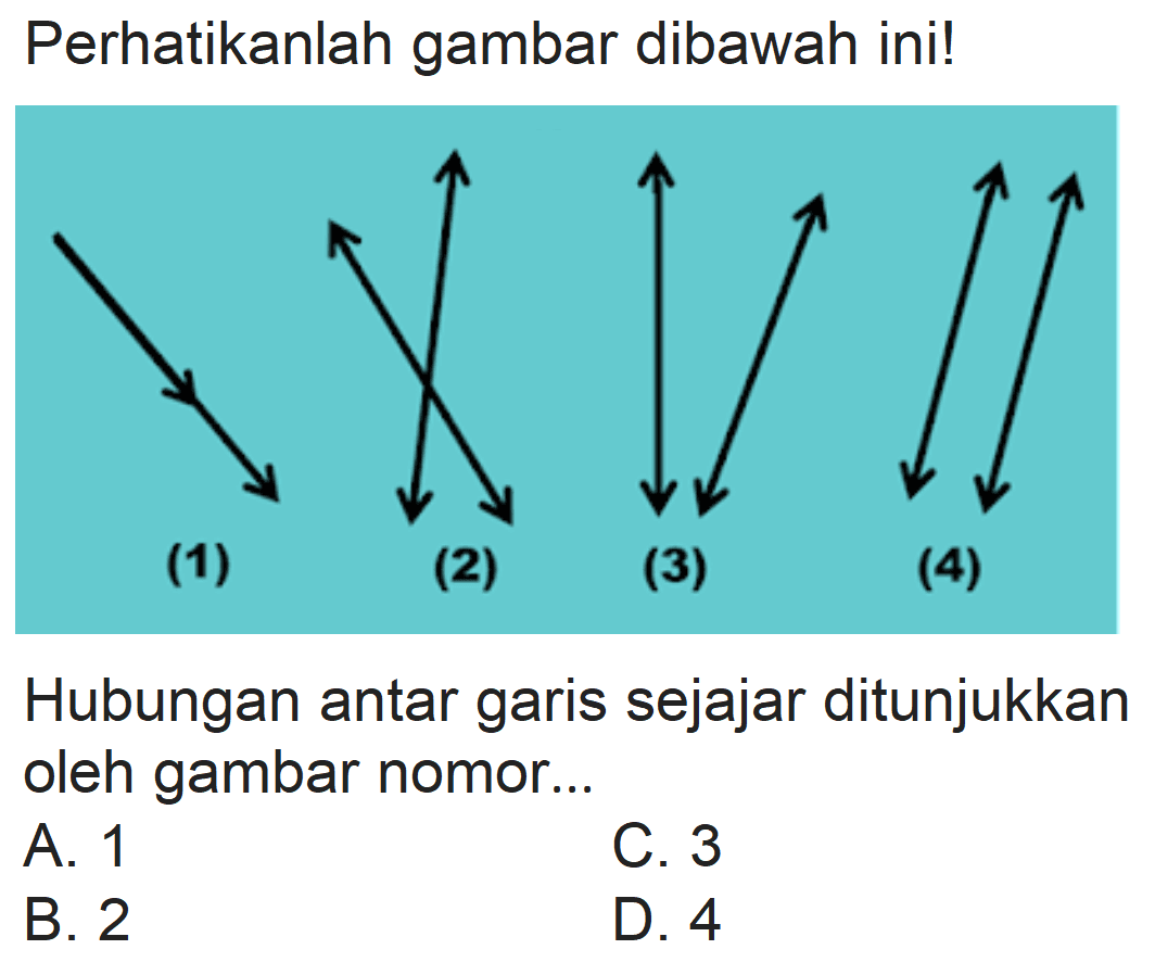 Perhatikanlah gambar dibawah ini!
(1)
(2)
(3)
(4)
Hubungan antar garis sejajar ditunjukkan oleh gambar nomor...
A. 1
C. 3
B. 2
D. 4