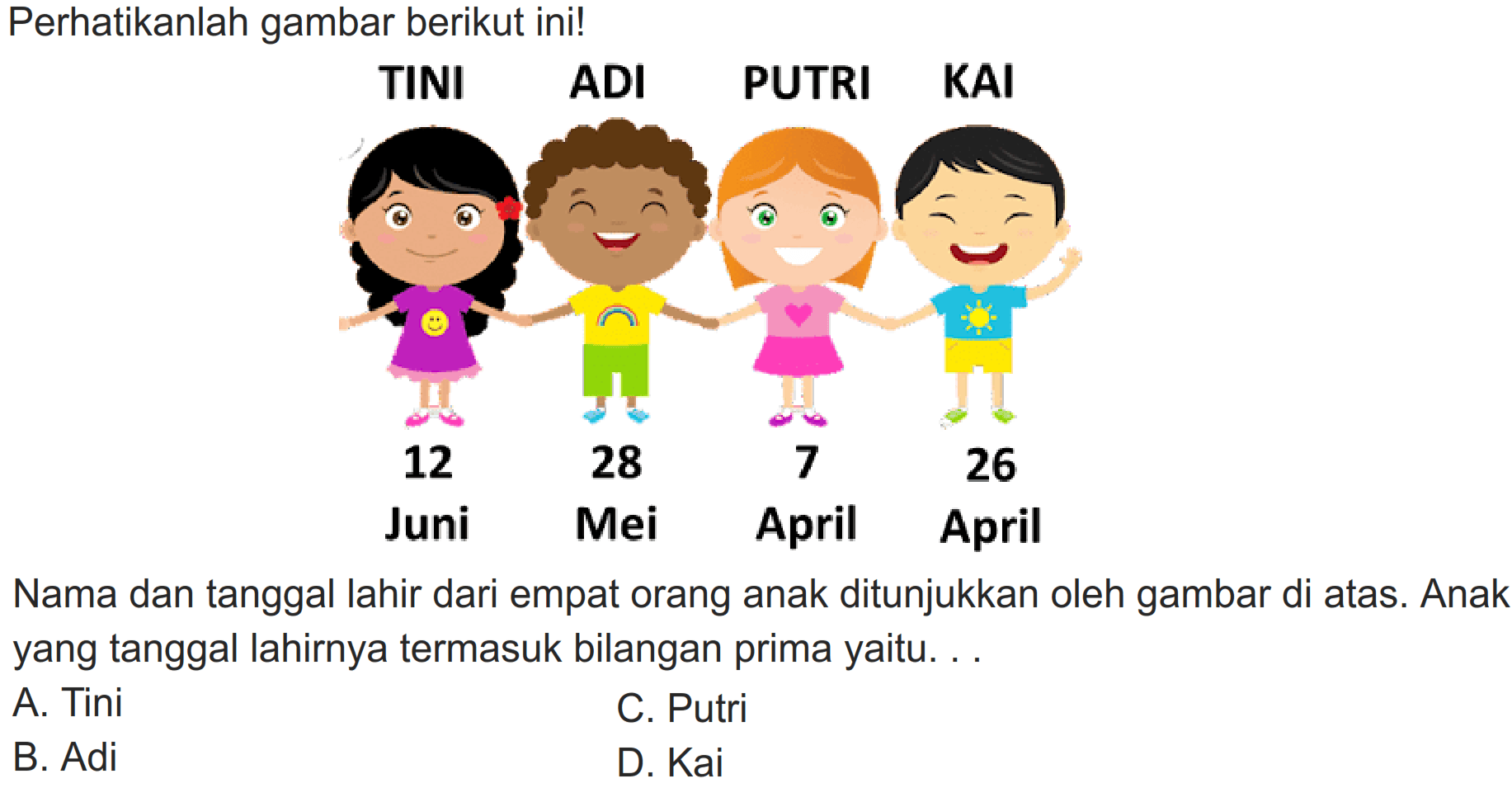 Perhatikanlah gambar berikut ini!
Nama dan tanggal lahir dari empat orang anak ditunjukkan oleh gambar di atas. Anak yang tanggal lahirnya termasuk bilangan prima yaitu. . .
A. Tini
C. Putri
B. Adi
D. Kai