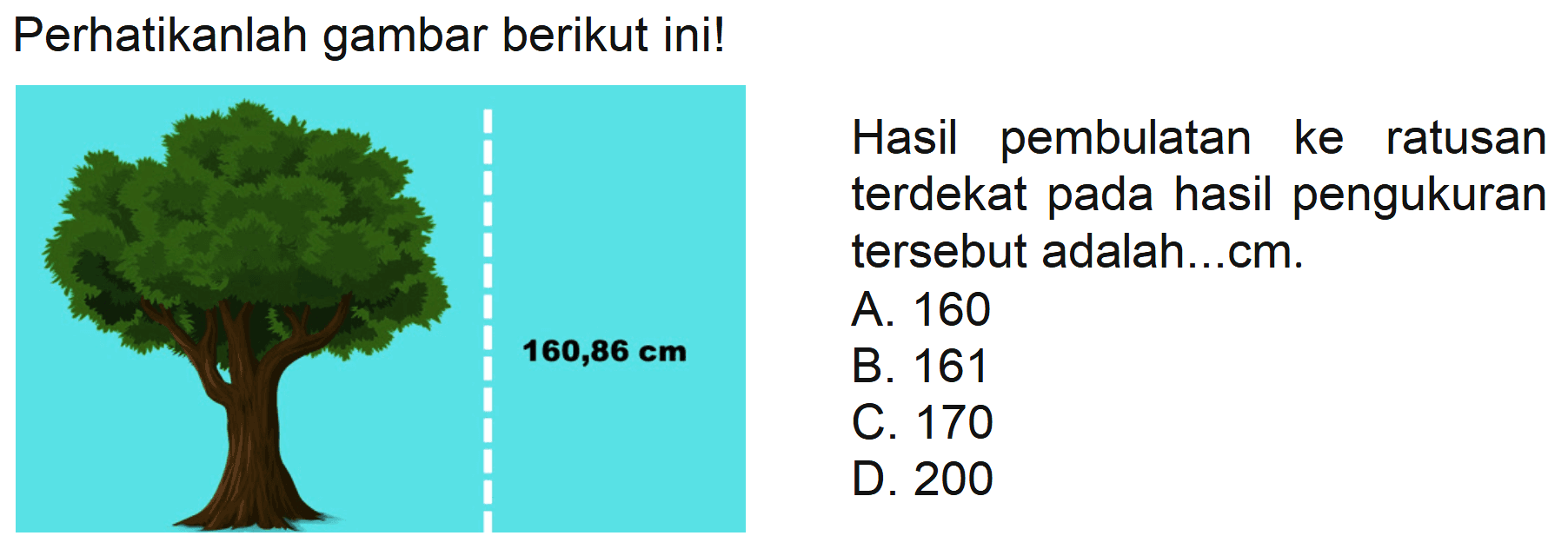 Perhatikanlah gambar berikut ini!
Hasil pembulatan ke ratusan terdekat pada hasil pengukuran tersebut adalah...cm.
A. 160
B. 161
C. 170
D. 200