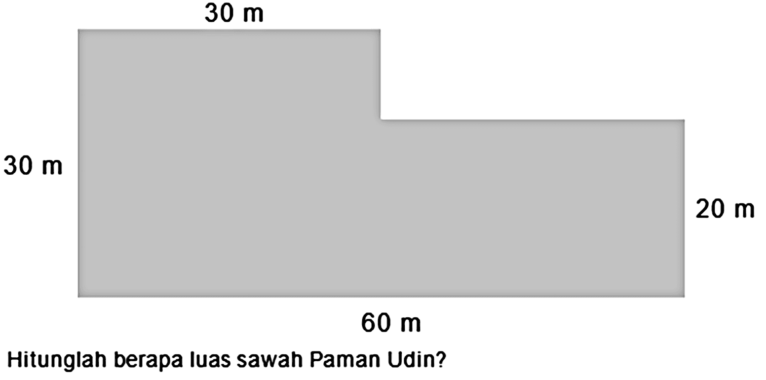  30 m 
 20 m 
 60 m 
Hitunglah berapa Iuas sawah Paman Udin?