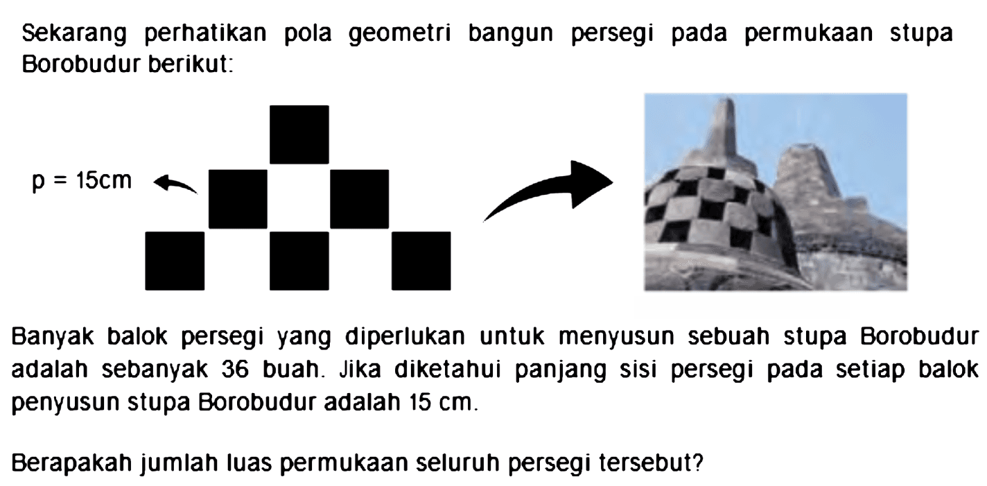 Sekarang perhatikan pola geometri bangun persegi pada permukaan stupa Borobudur berikut:
Banyak balok persegi yang diperlukan untuk menyusun sebuah stupa Borobudur adalah sebanyak 36 buah. Jika diketahui panjang sisi persegi pada setiap balok penyusun stupa Borobudur adalah  15 cm .
Berapakah jumlah luas permukaan seluruh persegi tersebut?