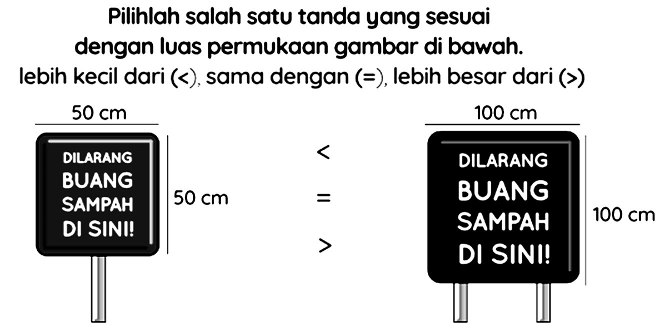 Pilihlah salah satu tanda yang sesuai dengan luas permukaan gambar di bawah. lebih kecil dari (  <  ), sama dengan  (=) , lebih besar dari  (>)