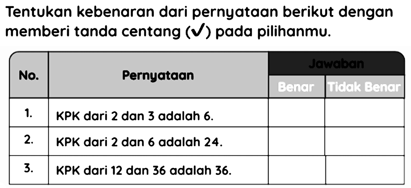 Tentukan kebenaran dari pernyataan berikut dengan memberi tanda centang  (checkmark)  pada pilihanmu.

 No.  {1)/(|c|)/( Pernyataan )  {3)/(|c|)/( Jawabon ) 
 { 3 - 4 )   Eenar  Jidak Benor 
 1.  KPK dari 2 dan 3 adalah 6.   
  2 .   KPK dari 2 dan 6 adalah 24.   
  3 .   KPK dari 12 dan 36 adalah 36.   

