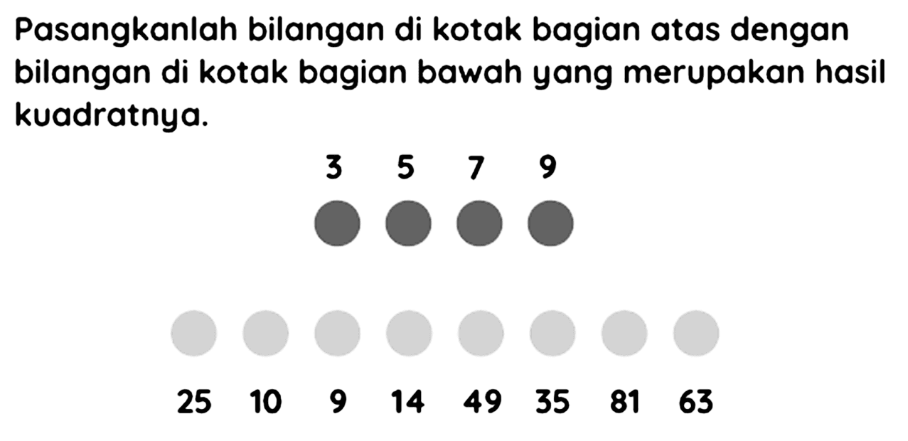 Pasangkanlah bilangan di kotak bagian atas dengan bilangan di kotak bagian bawah yang merupakan hasil kuadratnya.


3  5  7  9


 25  10  9  14  49  35  81  63 