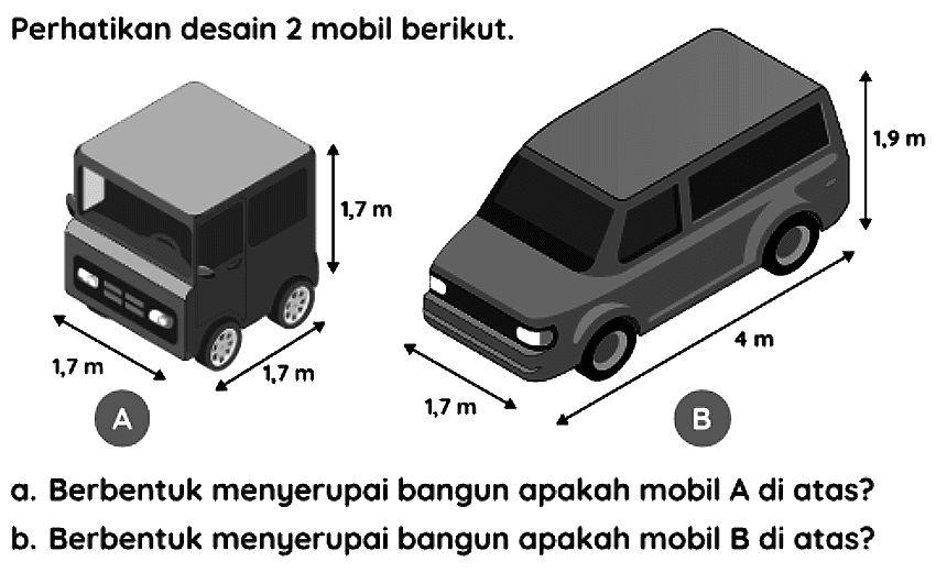 Perhatikan desain 2 mobil berikut.
a. Berbentuk menyerupai bangun apakah mobil A di atas?
b. Berbentuk menyerupai bangun apakah mobil B di atas?