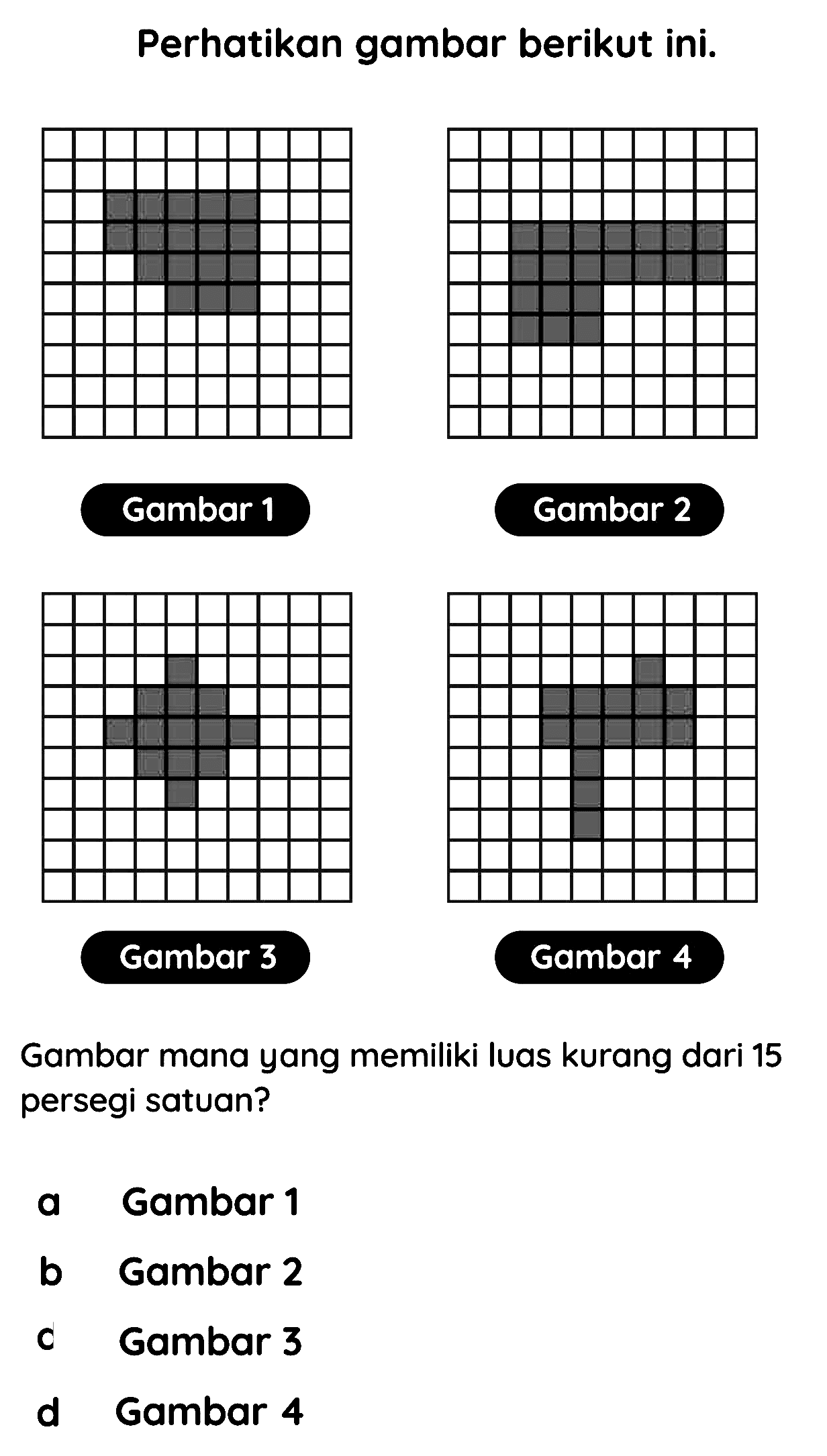 Perhatikan gambar berikut ini.
Gambar 1
Gambar 2
Gambar 3
Gambar 4
Gambar mana yang memiliki luas kurang dari 15 persegi satuan?
a Gambar 1
b Gambar 2
C Gambar 3
d Gambar 4