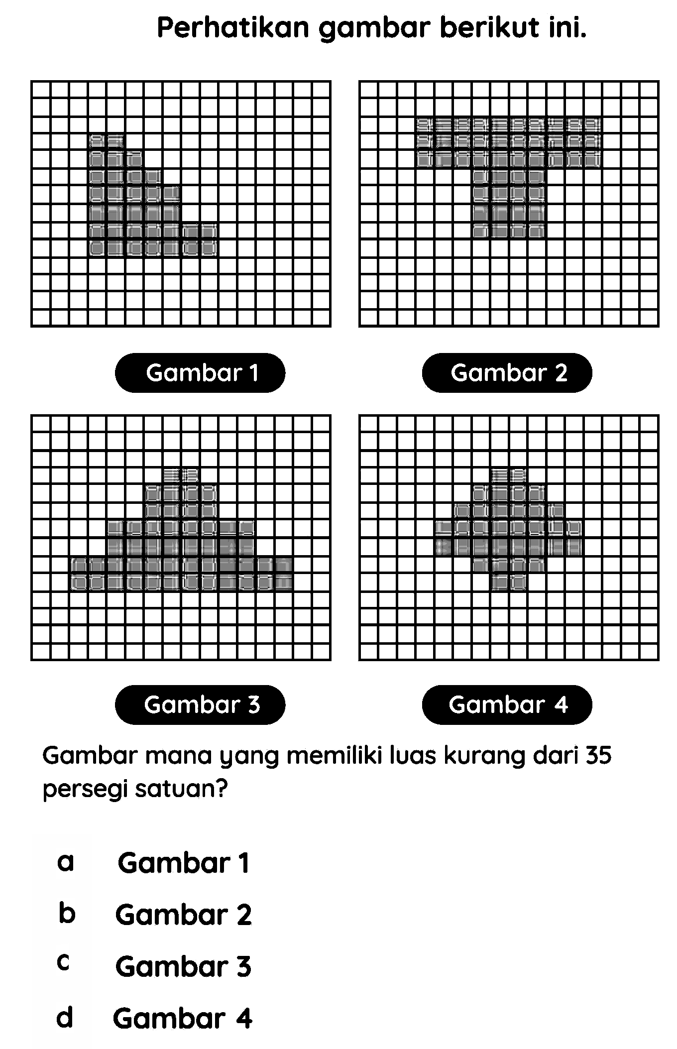 Perhatikan gambar berikut ini.
Gambar mana yang memiliki luas kurang dari 35 persegi satuan?
a Gambar 1
b Gambar 2
c Gambar 3
d Gambar 4