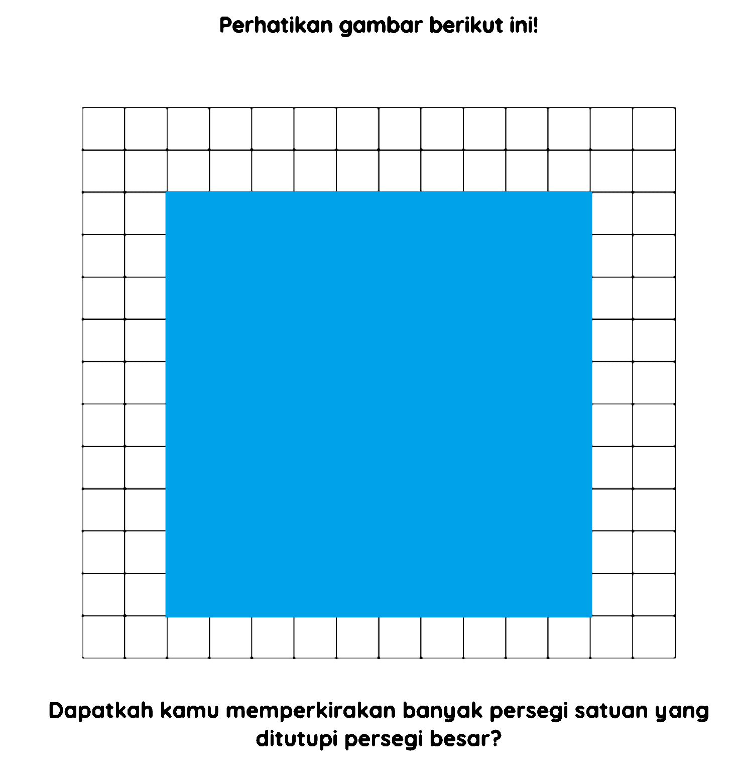 Perhatikan gambar berikut ini!
Dapatkah kamu memperkirakan banyak persegi satuan yang ditutupi persegi besar?