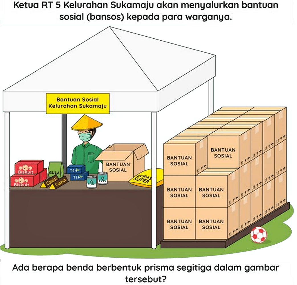 Ketua RT 5 Kelurahan Sukamaju akan menyalurkan bantuan sosial (bansos) kepada para warganya.

Ada berapa benda berbentuk prisma segitiga dalam gambar tersebut?