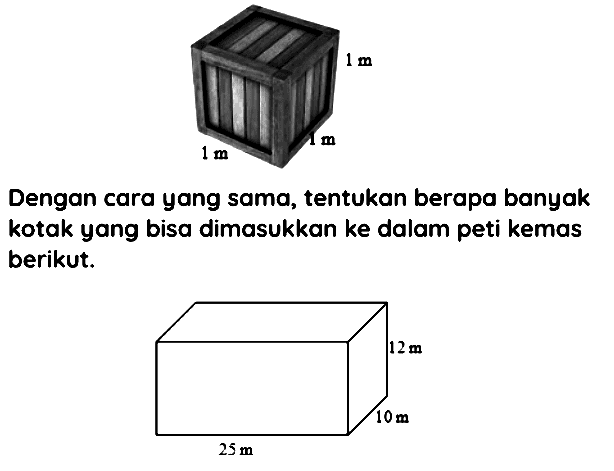  1 m 
Dengan cara yang sama, tentukan berapa banyak kotak yang bisa dimasukkan ke dalam peti kemas berikut.