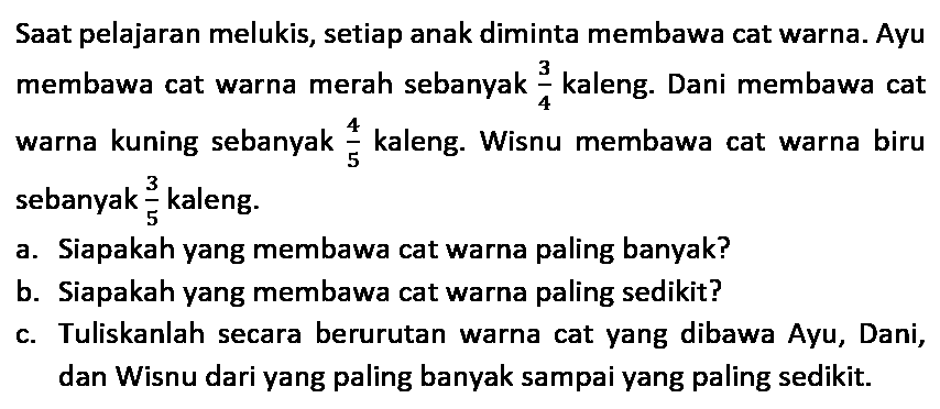 Saat pelajaran melukis, setiap anak diminta membawa cat warna. Ayu membawa cat warna merah sebanyak 3/4 kaleng. Dani membawa cat warna kuning sebanyak 4/5 kaleng. Wisnu membawa cat warna biru sebanyak 3/5 kaleng.
a. Siapakah yang membawa cat warna paling banyak?
b. Siapakah yang membawa cat warna paling sedikit?
c. Tuliskanlah secara berurutan warna cat yang dibawa Ayu, Dani, dan Wisnu dari yang paling banyak sampai yang paling sedikit.