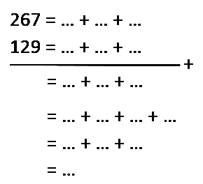 267 = ... + ... + ... 
129 = ... + ... + ... + 
= ... + ... + ... 
= ... + ... + ... + ... 
= ... + ... + ... 
= ...