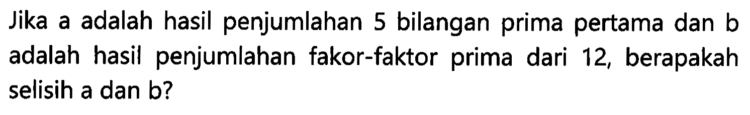 Jika a adalah hasil penjumlahan 5 bilangan prima pertama dan b hasil penjumlahan fakor-faktor prima dari 12, berapakah adalah selisih a dan b?