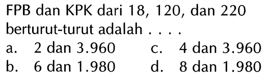 FPB dan KPK dari 18, 120, dan 220 berturut-turut adalah a. 2 dan 3.960 c. 4 dan 3.960 b. 6 dan 1.980 d. 8 dan 1.980