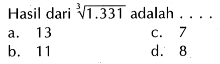 Hasil dari (1.331)^1/3 adalah