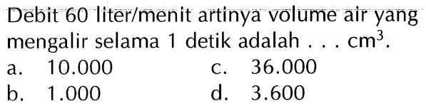 Debit 60 liter/menit artinya volume air yang mengalir selama 1 detik adalah . . . cm^3.