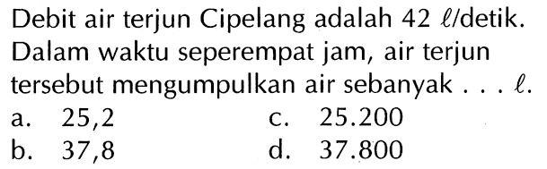 Debit air terjun Cipelang adalah 42 l/detik. Dalam waktu seperempat jam, air terjun tersebut mengumpulkan air sebanyak ... l