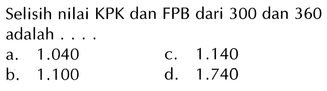 Selisih nilai KPK dan FPB dari 300 dan 360 adalah