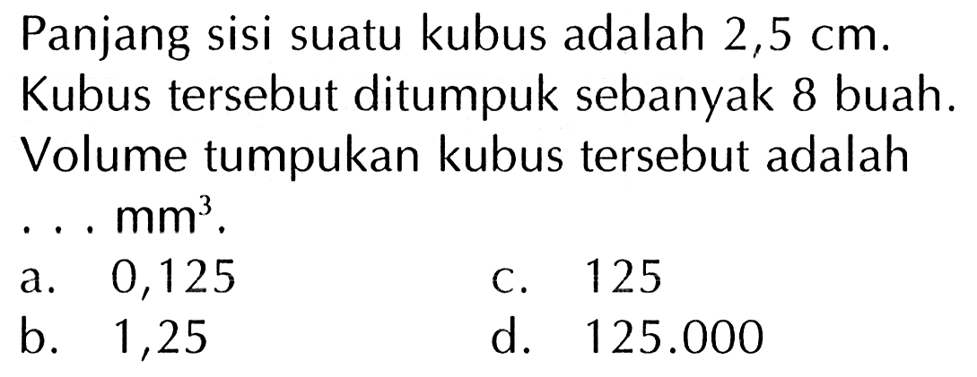 Panjang sisi suatu kubus adalah 2,5 cm. Kubus tersebut ditumpuk sebanyak 8 buah. Volume tumpukan kubus tersebut adalah ... mm^3.