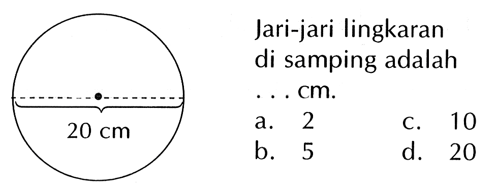 Jari-jari lingkaran di samping adalah ... cm.20 cm