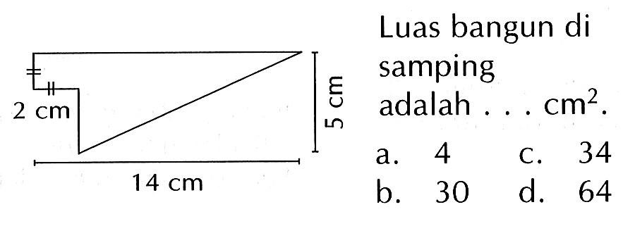 Luas bangun di samping adalah . . . cm^2. 2 cm 14 cm 5 cm