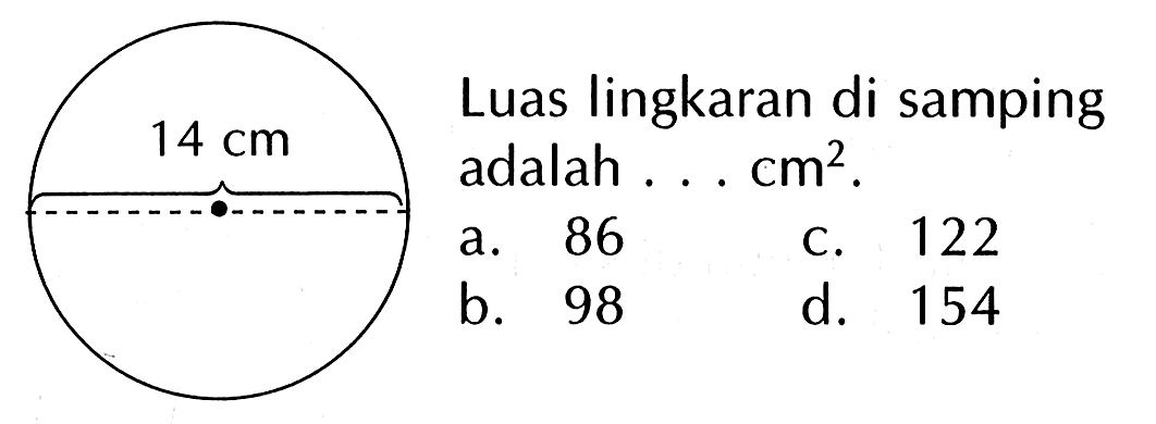 Luas lingkaran di samping adalah . . . cm^2.