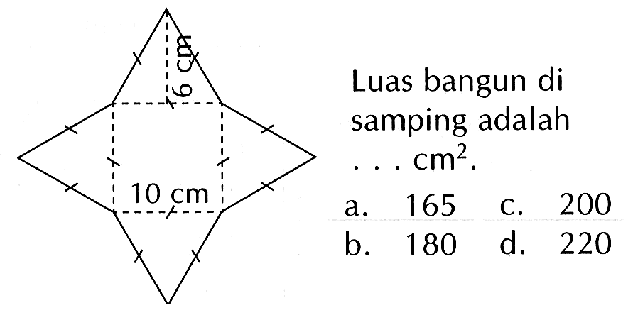 Luas bangun di samping adalah ... cm^2 . 10 cm 6 cm