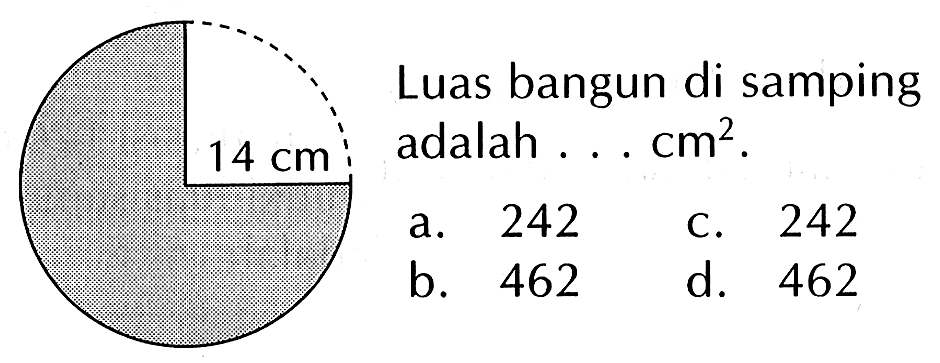 Luas bangun di samping adalah cm? . 14 cm 242 242 a. C. b. 462 d. 462