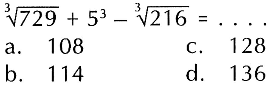 729^(1/3) + 5^3 - 216^(1/3) = ...