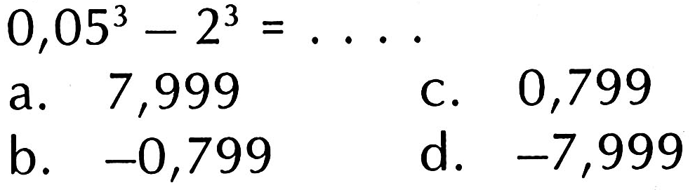 (0,05)^3 - 2^3 = ....