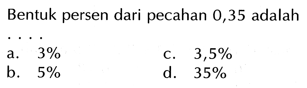 Bentuk persen dari pecahan 0,35 adalah . . . .