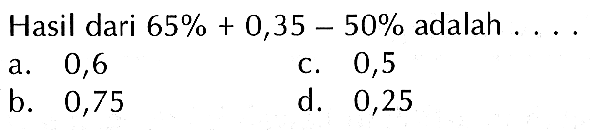 Hasil dari 65% + 0,35 - 50% adalah