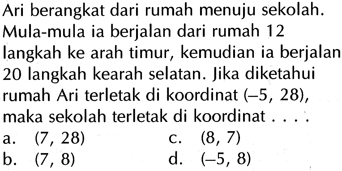 Ari berangkat dari rumah menuju sekolah. Mula-mula ia berjalan dari rumah 12
langkah ke arah timur, kemudian ia berjalan 20 langkah kearah selatan. Jika diketahui rumah Ari terletak di koordinat  (-5,28) , maka sekolah terletak di koordinat ....
a.  (7,28) 
C.  (8,7) 
b.  (7,8) 
d.  (-5,8) 