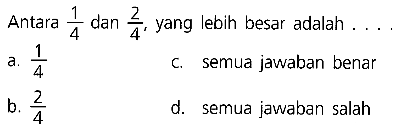 Antara 1/4 dan 2/4, yang lebih besar adalah ....