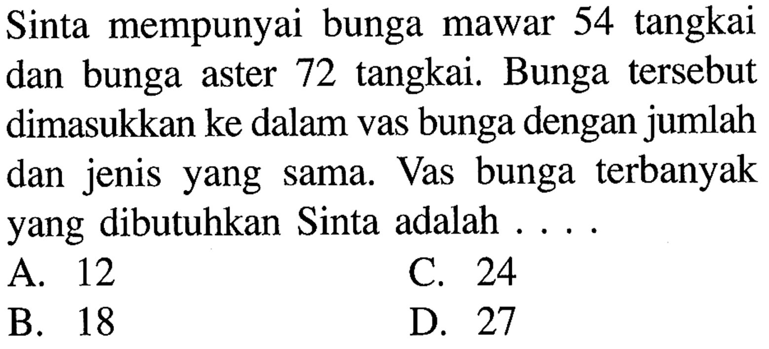 Sinta mempunyai bunga mawar 54 tangkai dan bunga aster 72 tangkai. Bunga tersebut dimasukkan ke dalam vas bunga dengan jumlah dan jenis yang sama. Vas bunga terbanyak yang dibutuhkan Sinta adalah . . . .