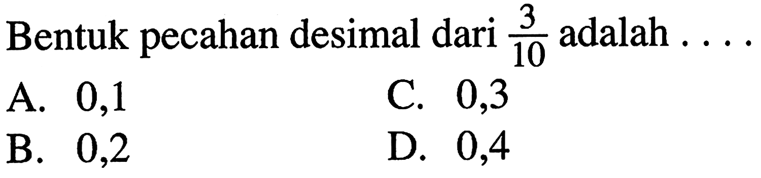 Bentuk pecahan desimal dari 3/10 adalah ....