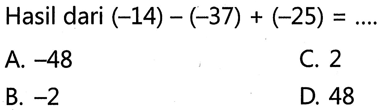 Hasil dari (-14) - (-37) + (-25) = ...