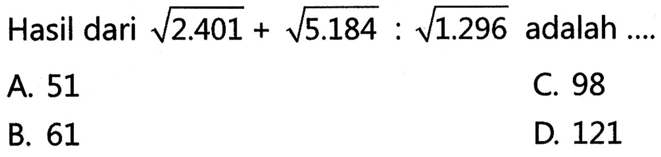 Hasil dari akar(2.401) + akar(5.184) : akar(1.296) adalah ....