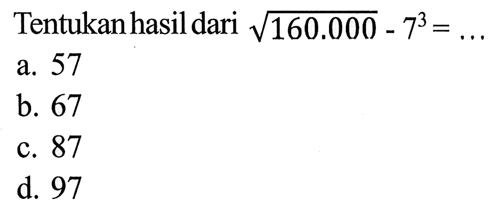 Tentukan hasil dari akar(160.000) - 7^3 = ...