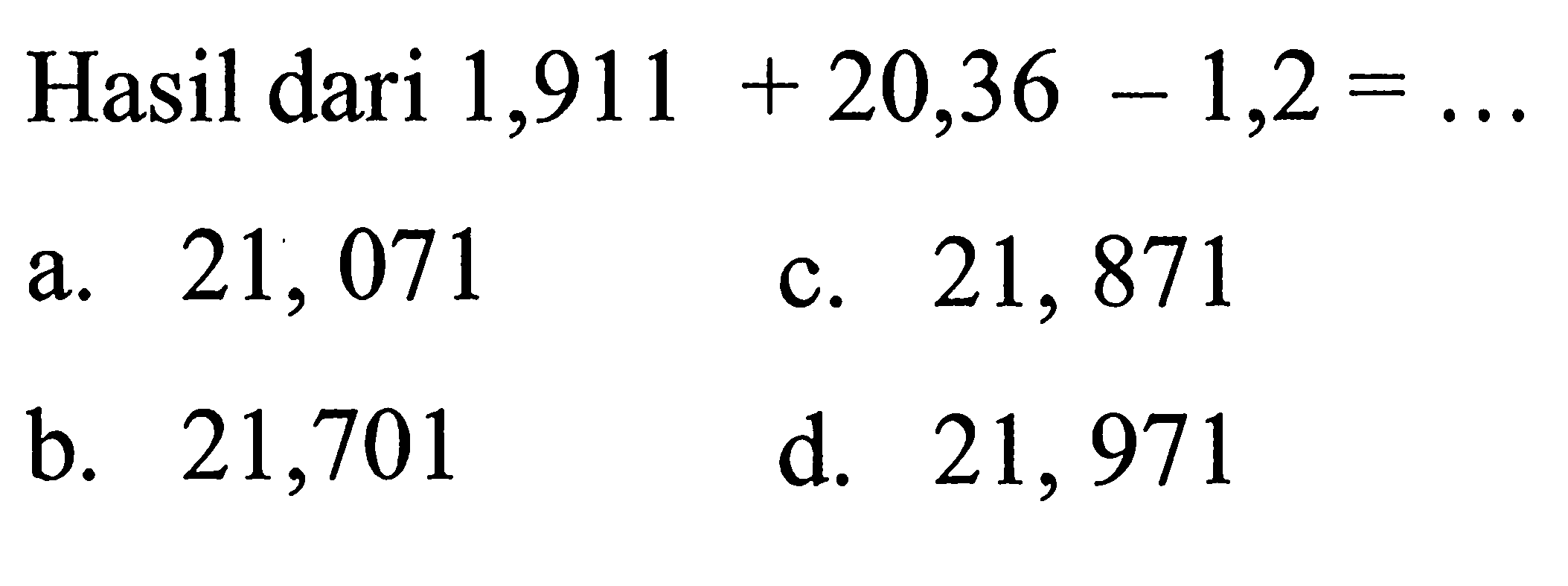 Hasil dari 1,911 + 20,36 - 1,2 = ...