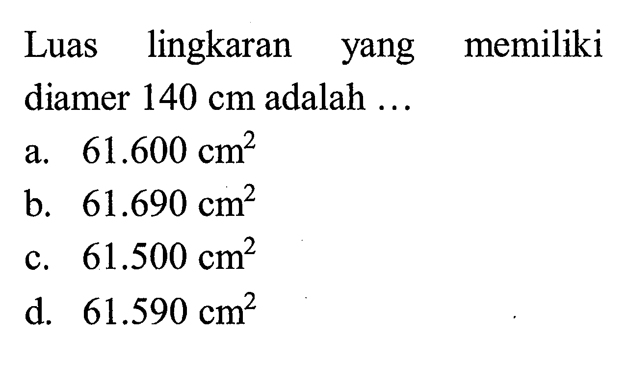 Luas lingkaran memiliki yang diamer 140 cm adalah...