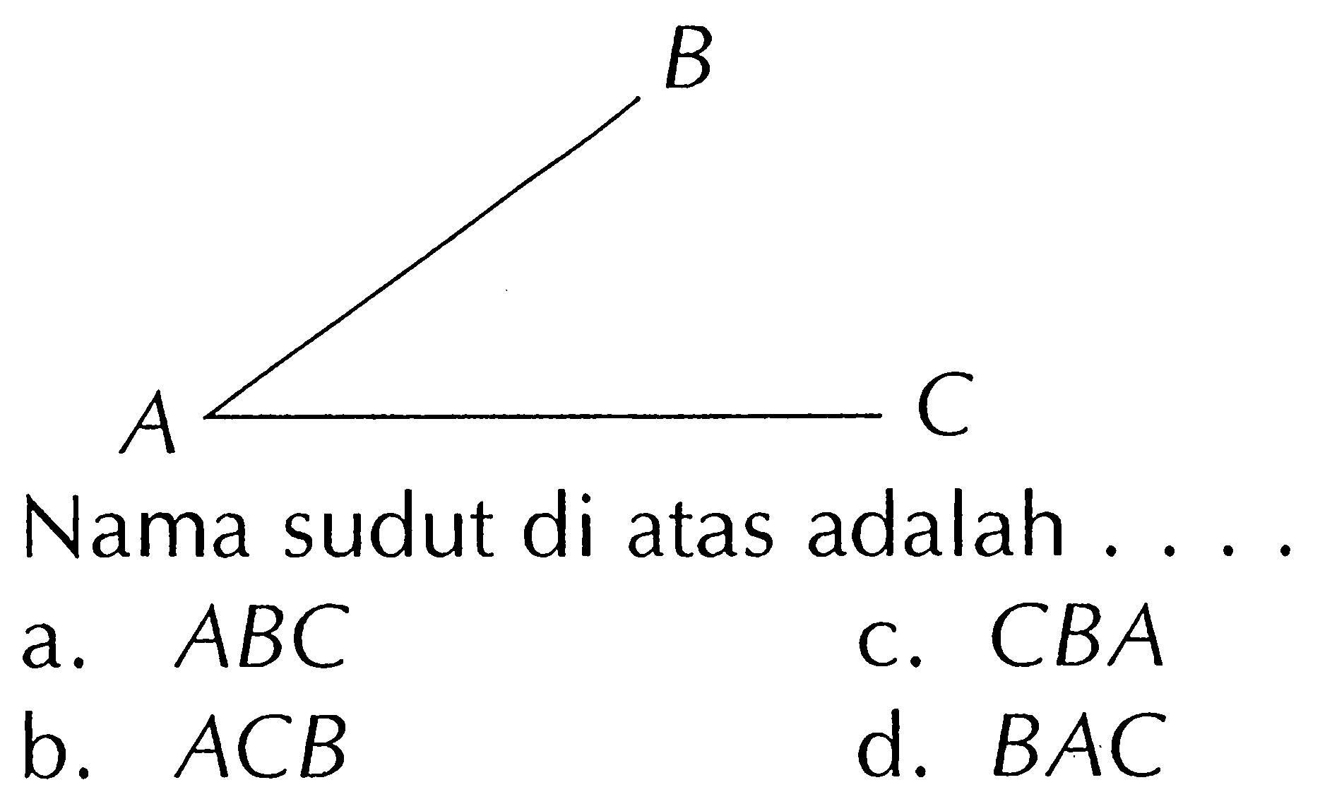 B A C Nama sudut di atas adalah ....