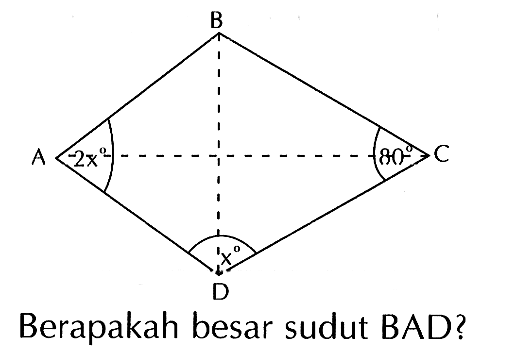 Berapakah besar sudut BAD? A B C D 2x 80 x