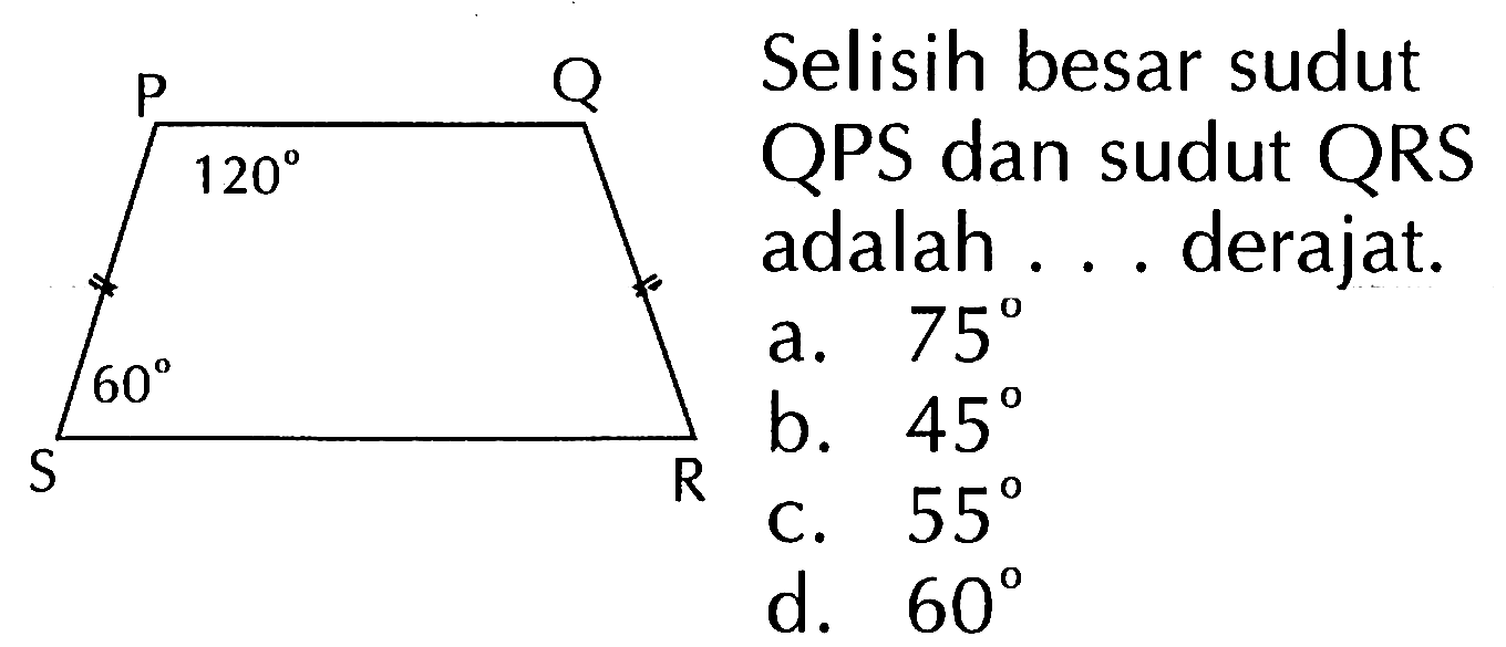 Selisih besar sudut QPS dan sudut QRS adalah ... derajat. 
P 120 Q R S 60
