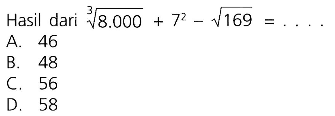 Hasil dari (8.000)^(1/3) + 7^2 - akar(169) = ....