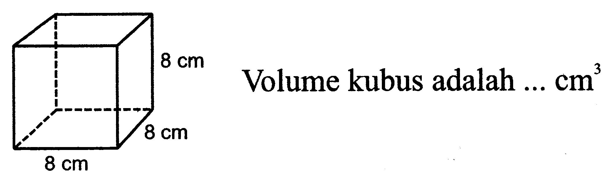 Volume kubus adalah ...  cm^(3) 
8 cm 8 cm 8 cm 